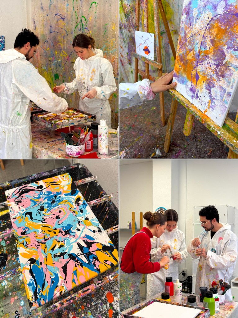 Abstract painting with pouring and spinning techniques